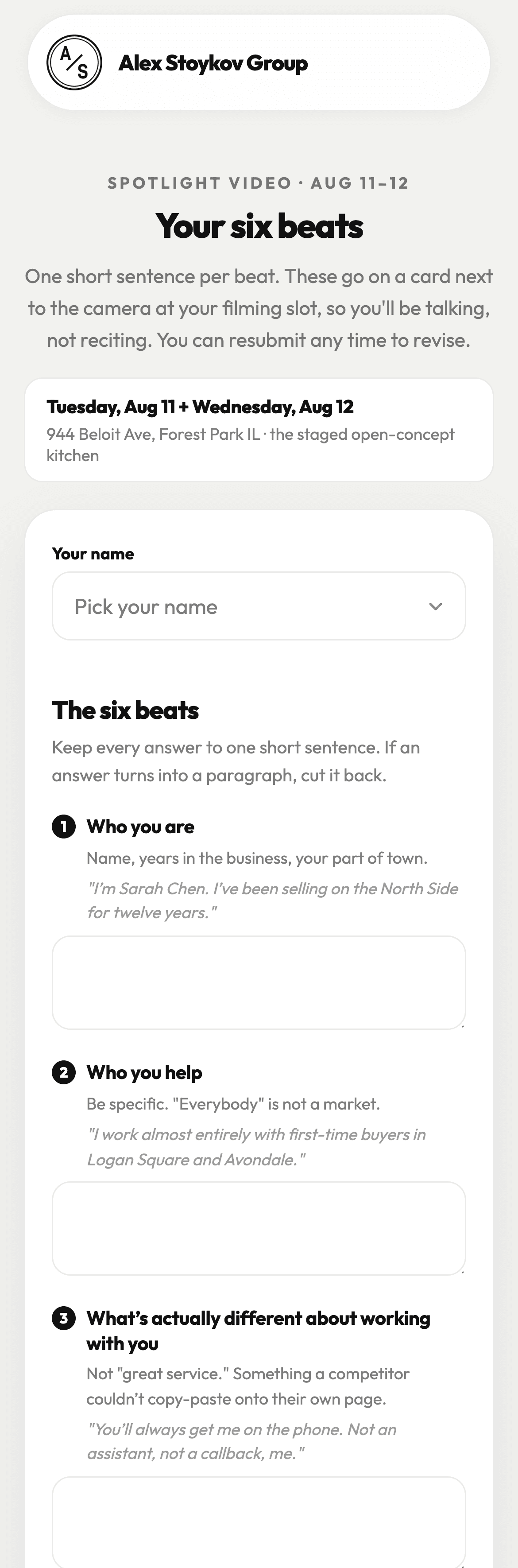 Six-beat pitch intake form